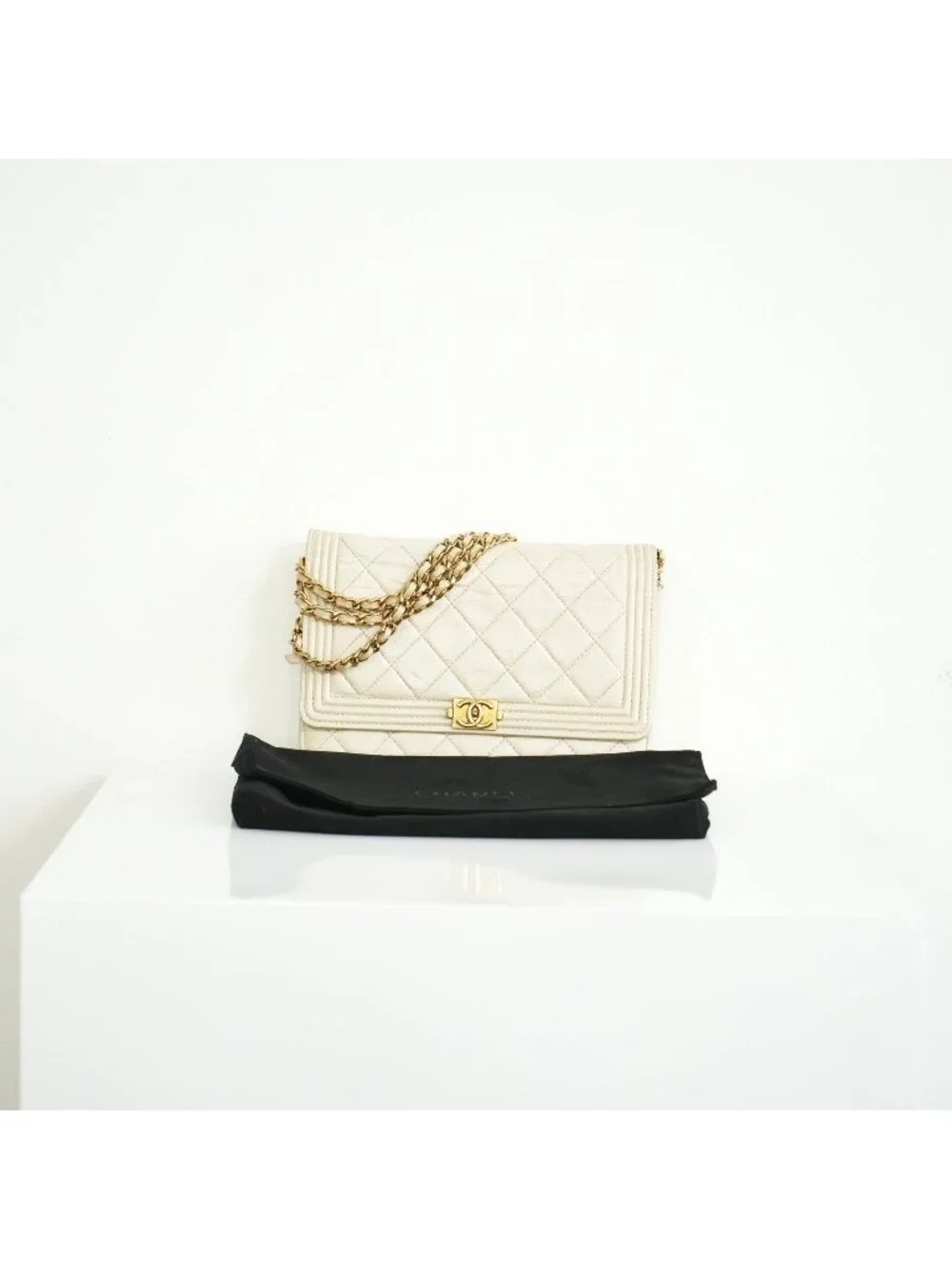 Chanel Beige Boy Wallet On Chain Gold Hardware Full Set